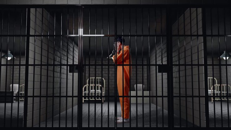 Vista laterale a figura intera di un triste prigioniero maschio asiatico ammanettato che piange mentre è in piedi in carcere; il criminale si pente e piange