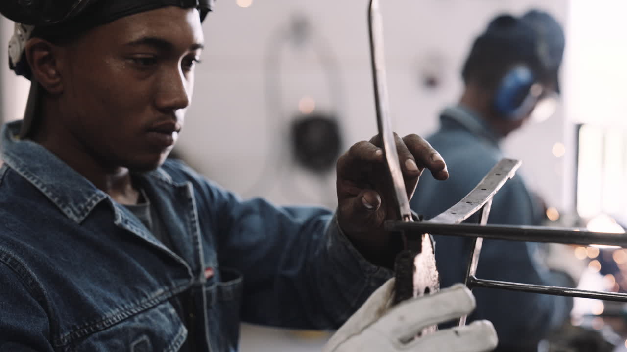 Young black male working on steel structure with welding gear and gloves in workshop slow motion