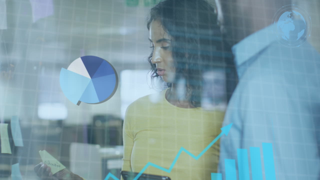 Animation of data processing over diverse business people working in office