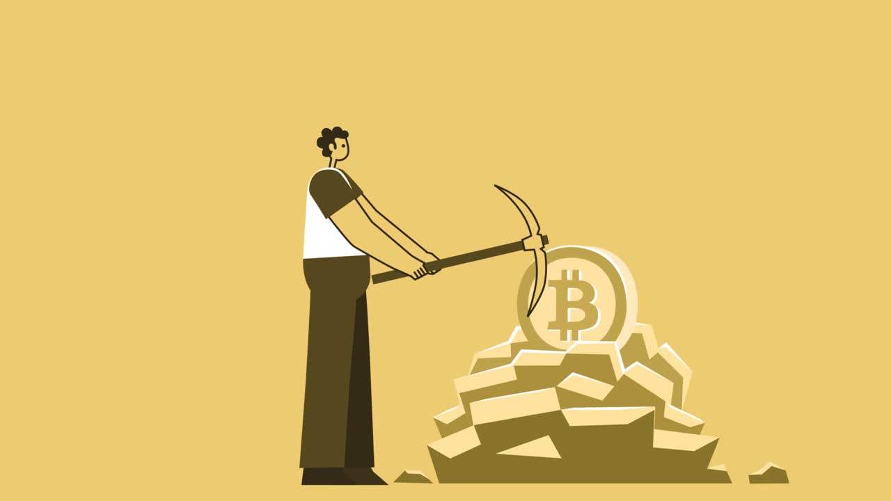 노란색 스타일 맨 플래트 캐릭터 마이닝 비트코인: 알파 채널과 함께 고립된 루프 애니메이션