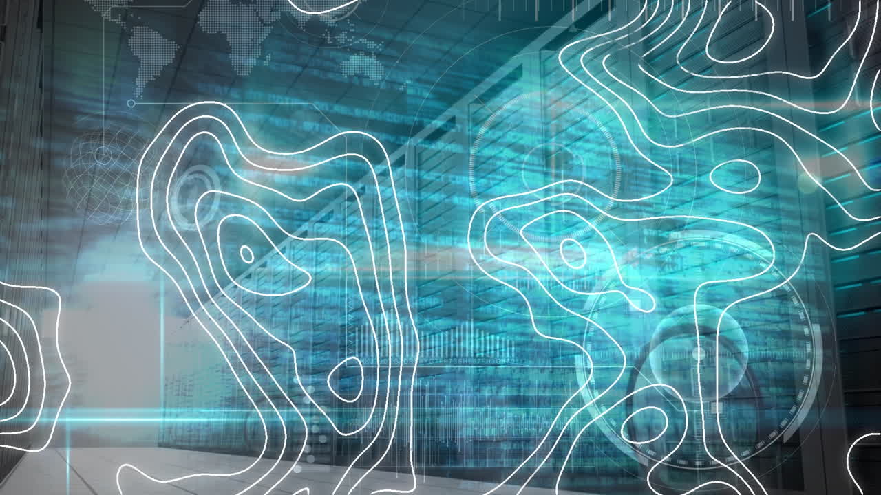 Animation of isohypses over diverse data processing and hand with magnifier