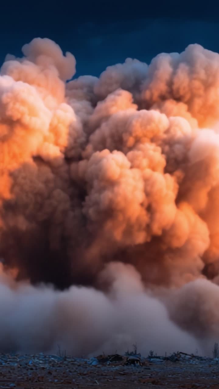 Stunning Display of Explosive Power: A Captivating Scene Captured in Two Frames, Showcasing the Magnificent Eruption of Dust and Debris Against the Sky