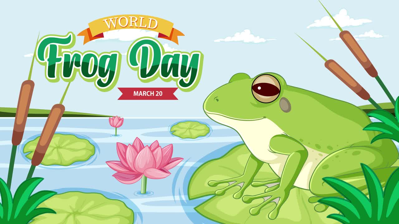 세계 개구리 날 로고와 함께 릴리 패드에 애니메이션 개구리