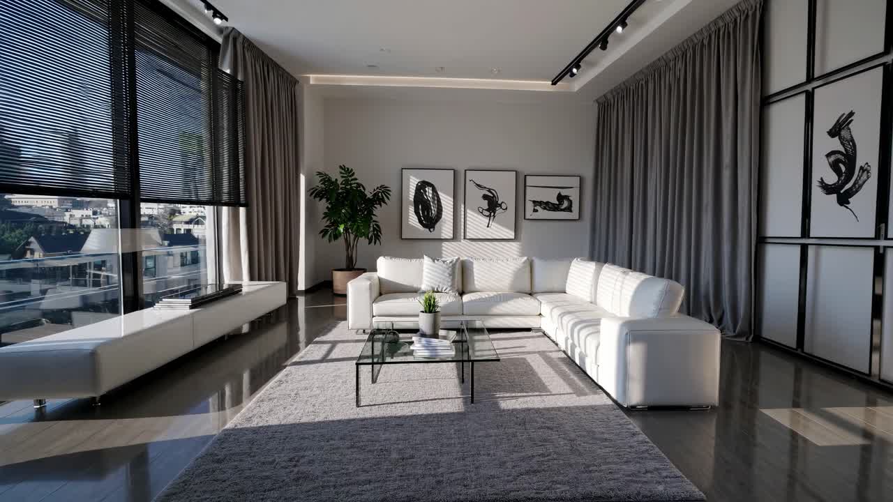 Modern living room with white furniture, captured from a wide-angle