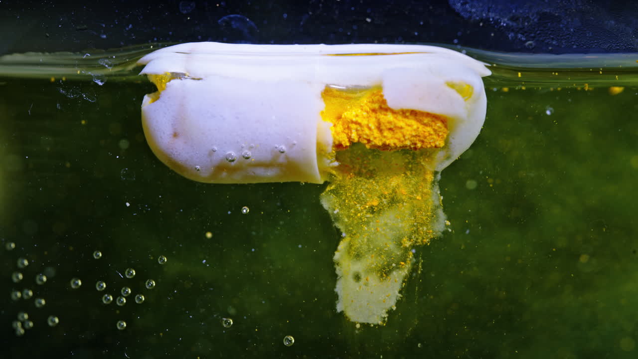 Pill dissolving in liquid, releasing particles in a timelapse shot