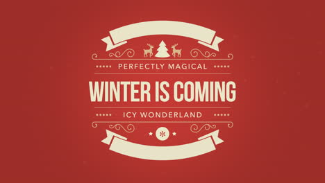 winter is coming with deers, tree and ribbons on red gradient