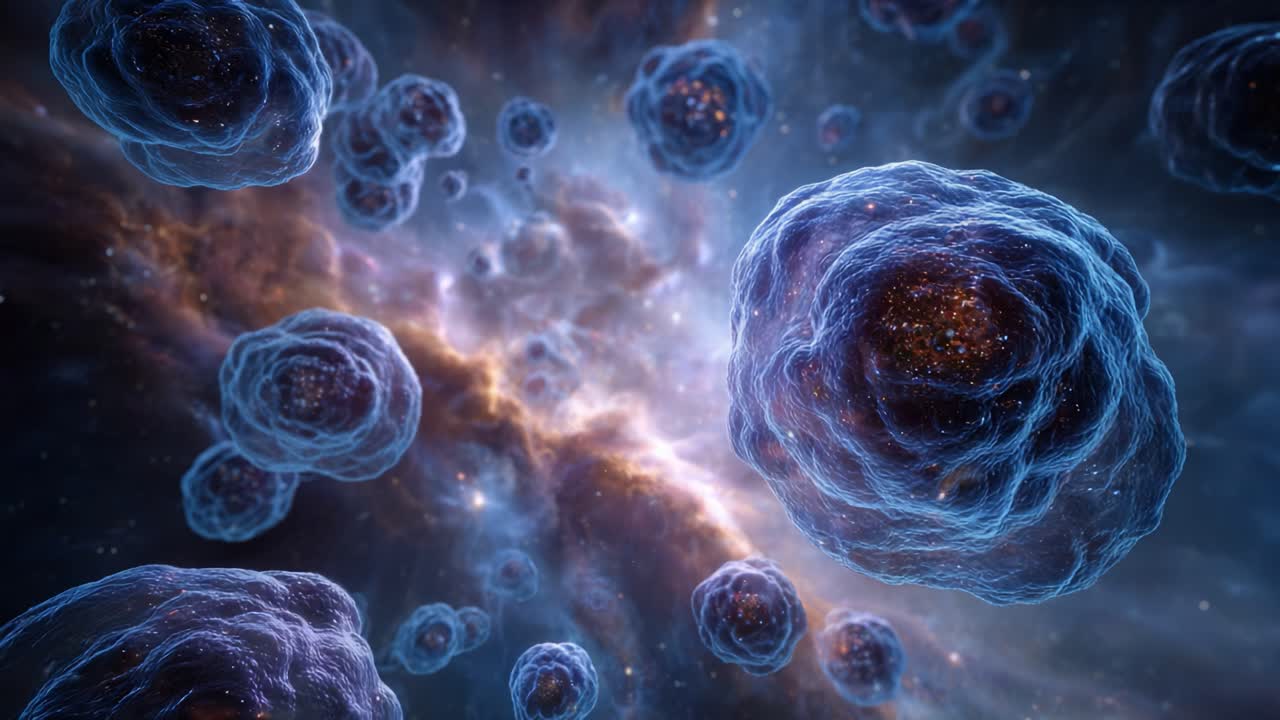 An Imaginative Visual Journey Through the Cosmic Realm of Cells Floating in a Beautiful Nebula, Capturing the Essence of Space and Biological Wonder