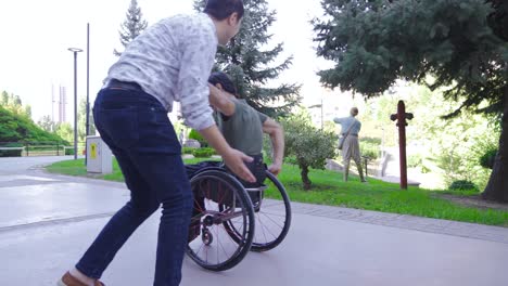 he spends joyful and happy times with his disabled young friend.