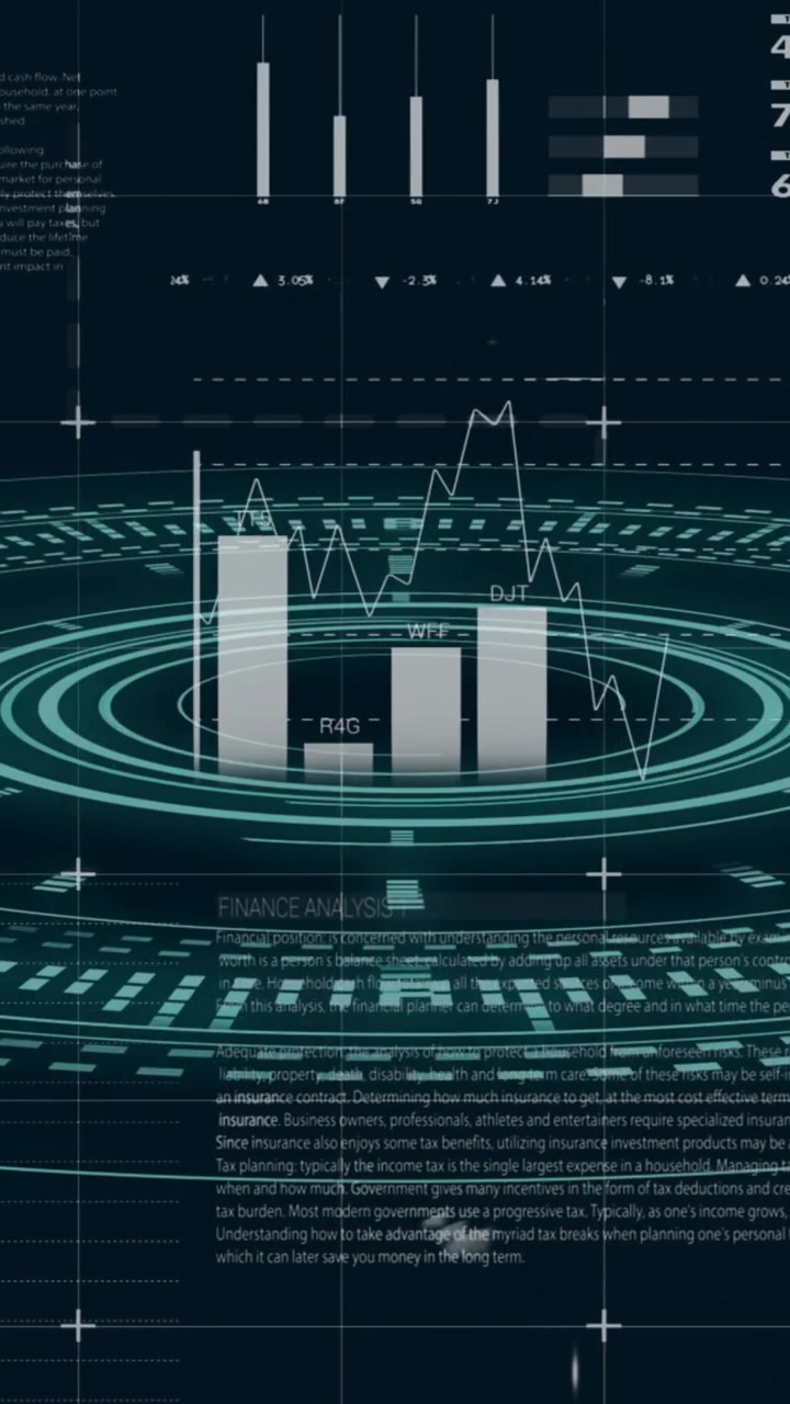 Animation of finacial data processing with scope scanning on black background