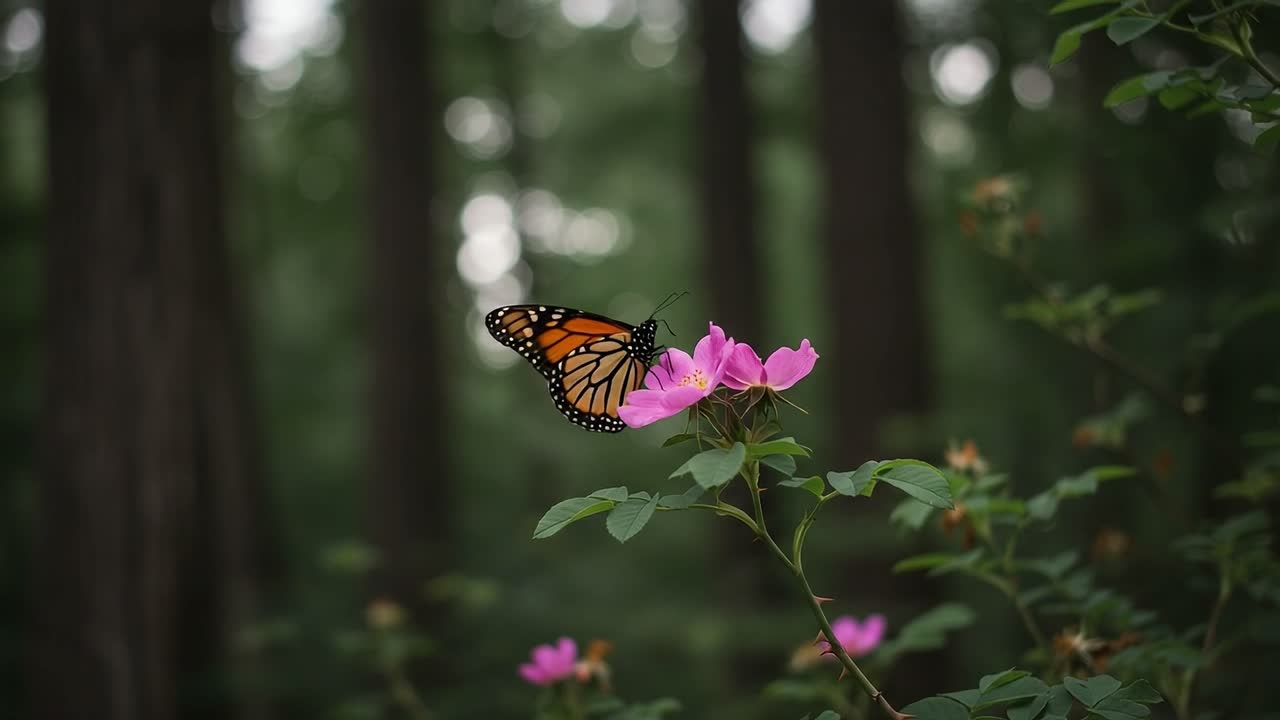 A Majestic Monarch Butterfly Delicately Feeds on Vibrant Pink Flowers in a Lush Green Forest, Capturing the Beauty of Nature's Harmony and Serenity