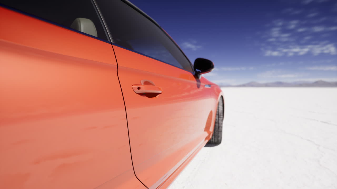 Bright orange car standing on the salt flats under a clear sky in daylight