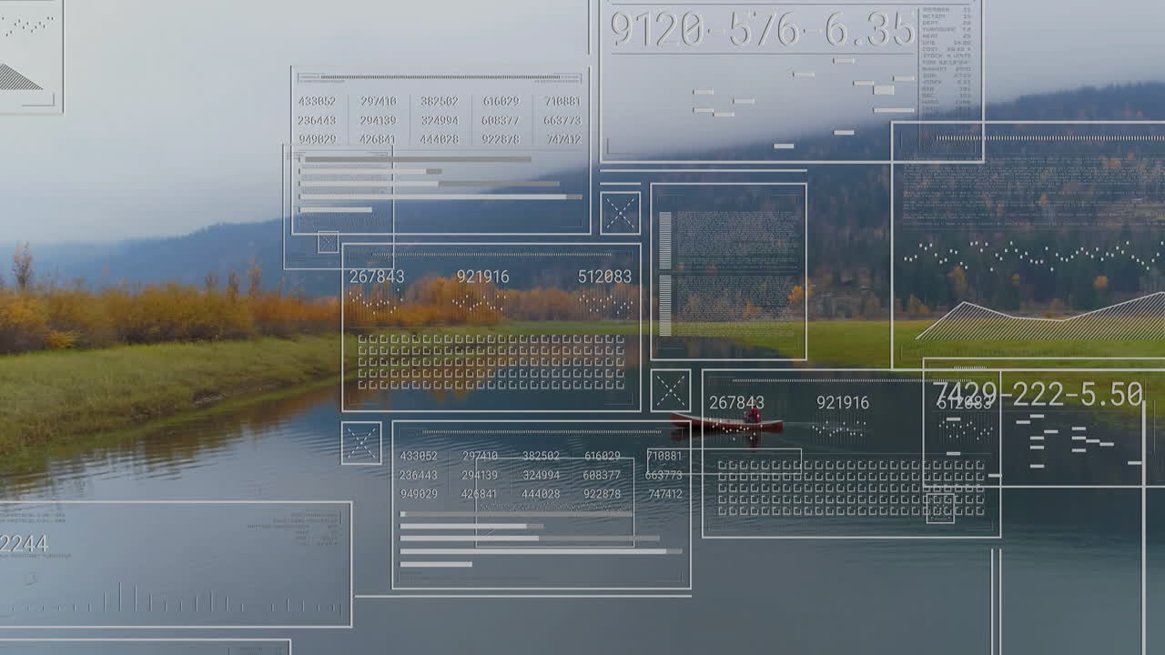 Man paddling red canoe through autumn river valley, showcasing technology data overlays and graphs