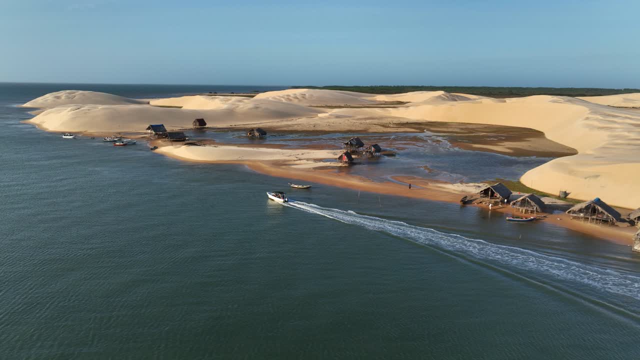 Scenic View Of Dwellings On The Sandbanks And Waterways Along Parnaíba River Delta In Brazil. Aerial Drone Shot