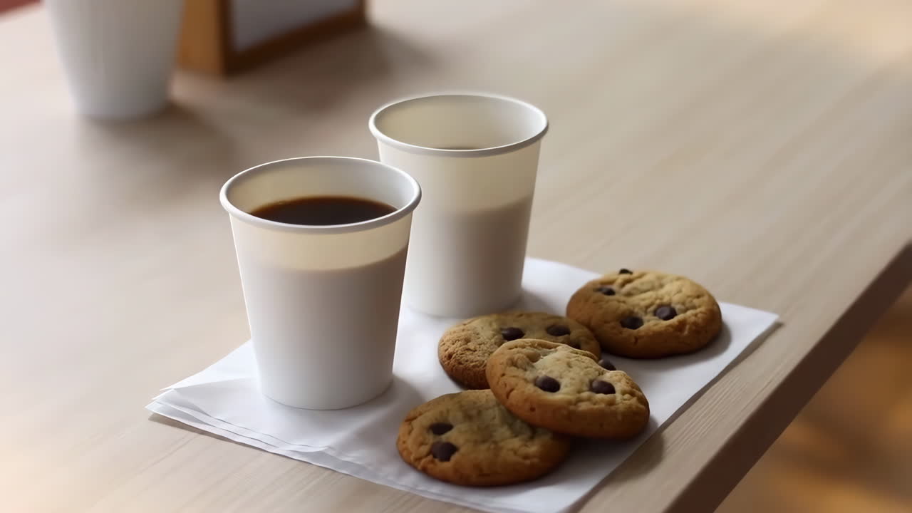 Two coffee cups and chocolate chip cookies on a table