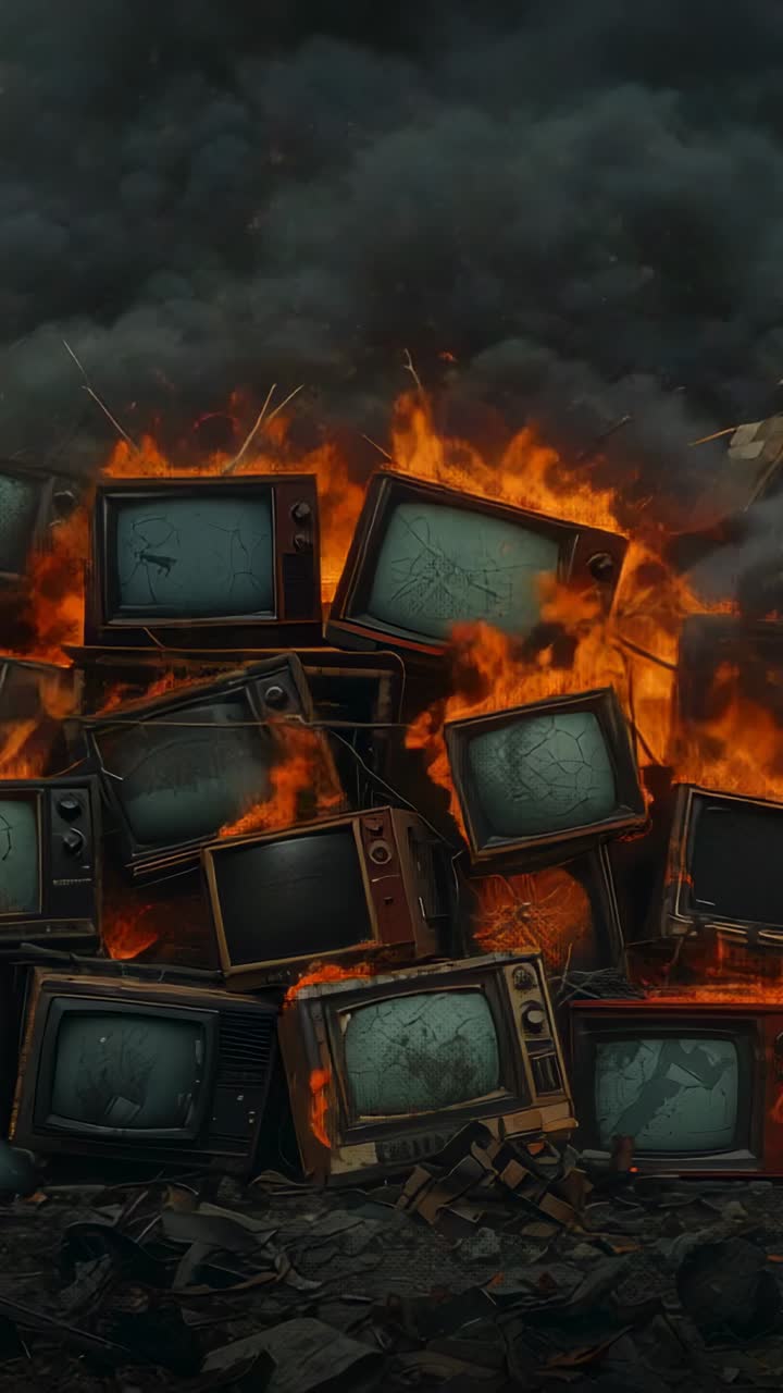 Vertical video: Burning vintage CRT pile releasing smoke and flames in scrap yard, glowing embers