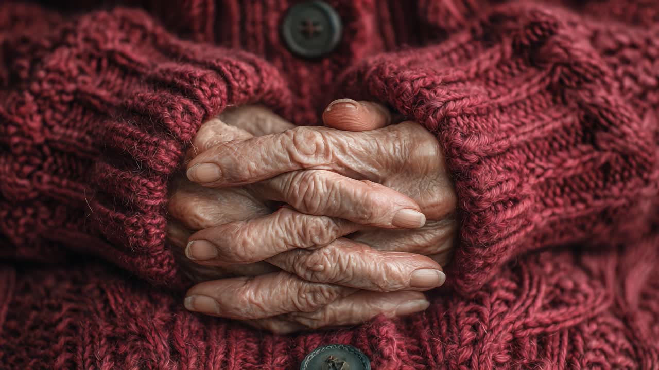 A Close-Up of Gnarled, Elderly Hands Coming Together in a Warm Knit Sweater, Symbolizing Wisdom, Age, and Tender Moments in Life's Journey
