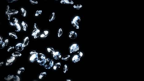 flying many jewelry diamonds on black background. shine transparent, precious gem. 3d animation of brilliant diamonds rotating. loop animation.