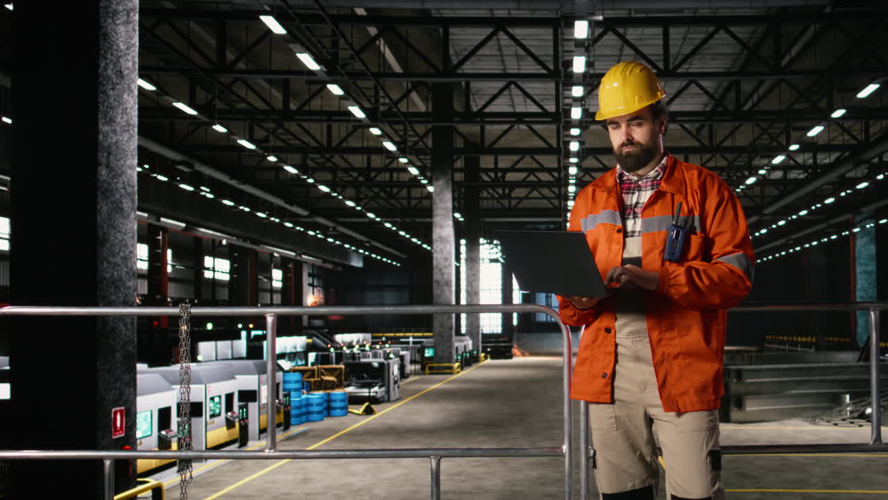 Engineer on laptop, reviewing mechanical systems, massive industry hall