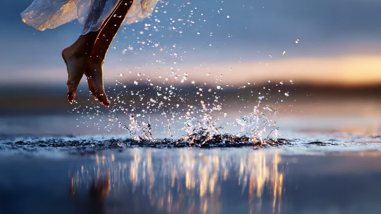 A graceful dance of feet splashing in water, capturing the joyous moments of connection between human and nature, illuminated by the soft glow of sunset and reflection