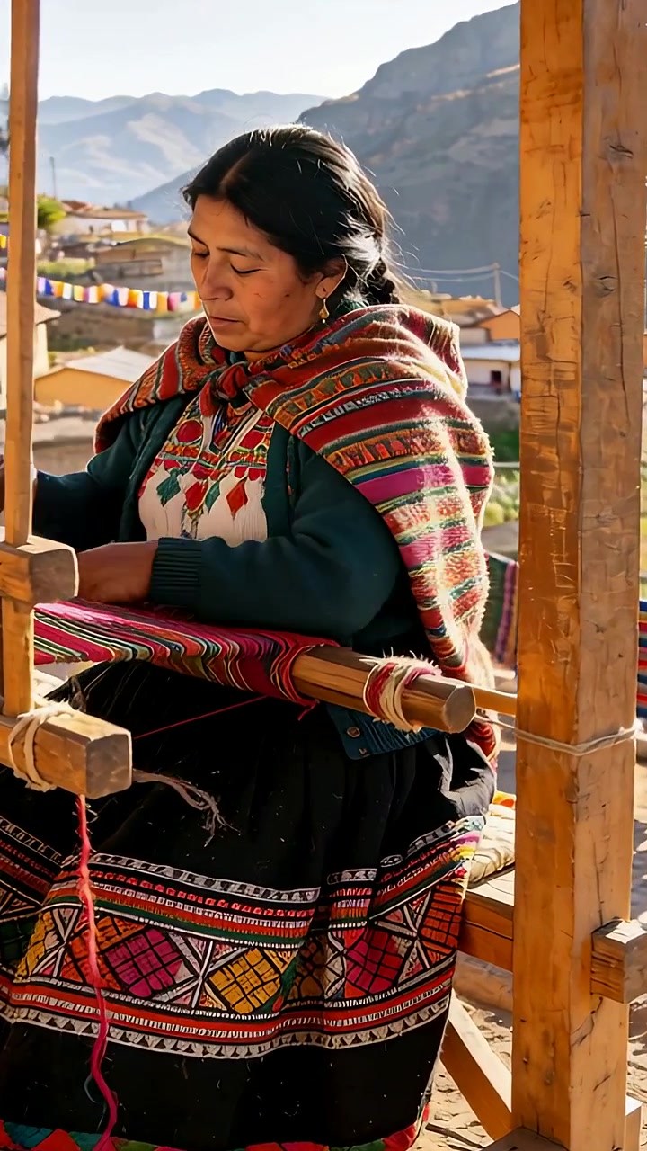 Vertical video: Checking warp, Andean weaver in shawl pulling yarn on loom in Andes