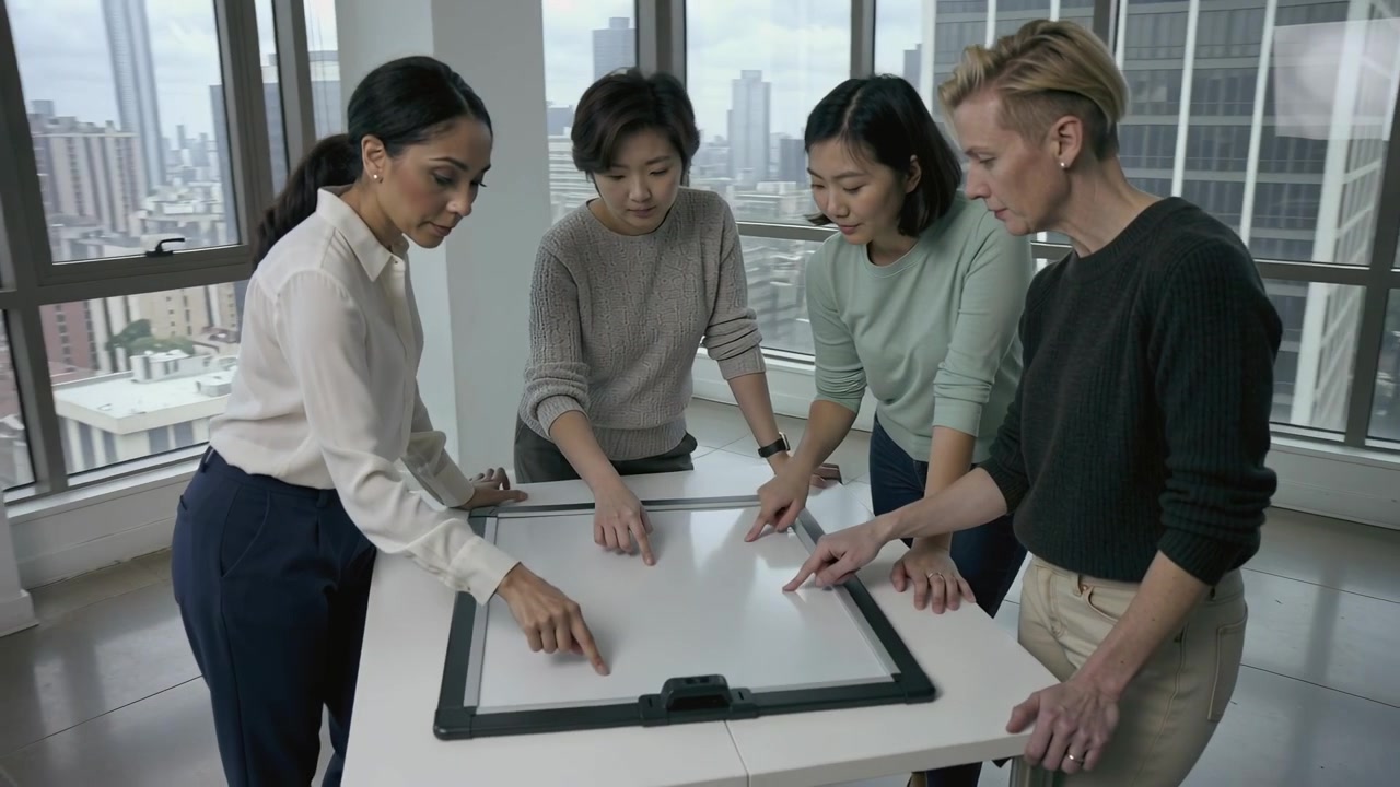 Donna che indica a sinistra guidando il team in abbigliamento business casual mentre pianifica su una lavagna in un ufficio ai piani alti