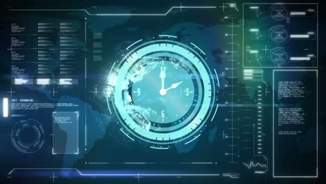 animation of clock moving over data on blue background