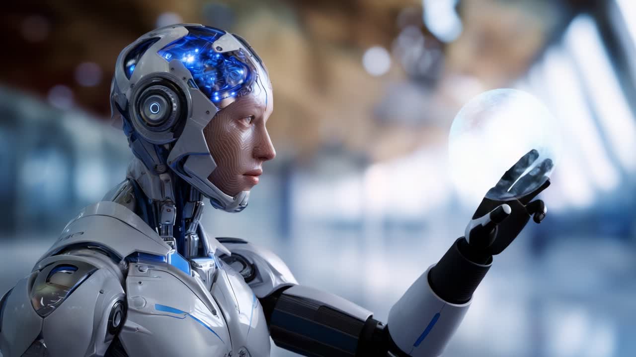 Futuristic Android Examining Holographic Projection in Modern Environment Showcasing Advanced Robotics and Artificial Intelligence Capabilities and Human Interaction