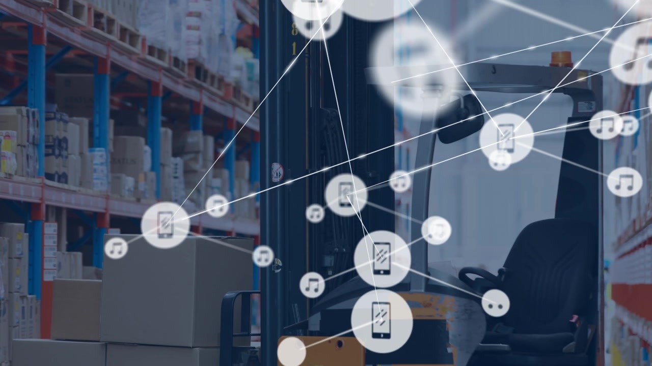 Animazione di rete di connessioni con icone su magazzino