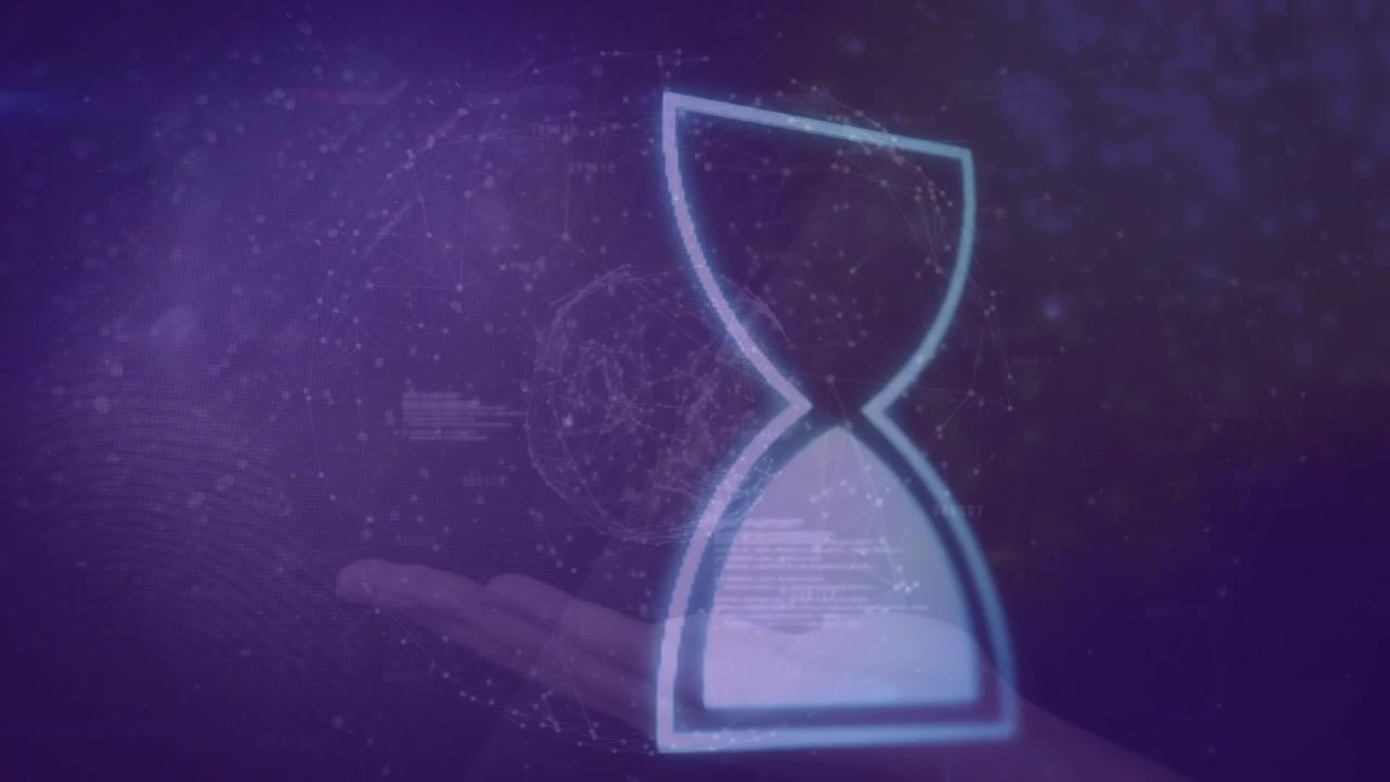 Glitch-triggered hourglass icon separating and reassembling above hand, visualizing time passage