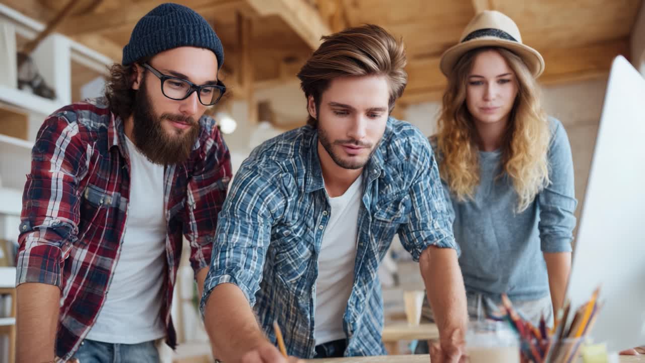 Creative Team Collaboration: Engaged Young Professionals Brainstorming and Working on a Project Together in a Modern Workspace