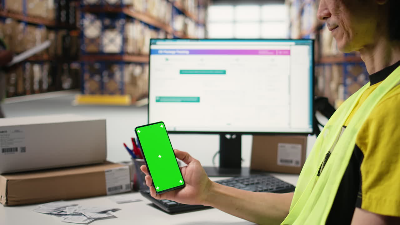 Vertical Video Storehouse worker in hi vis vest uses chroma key display on phone