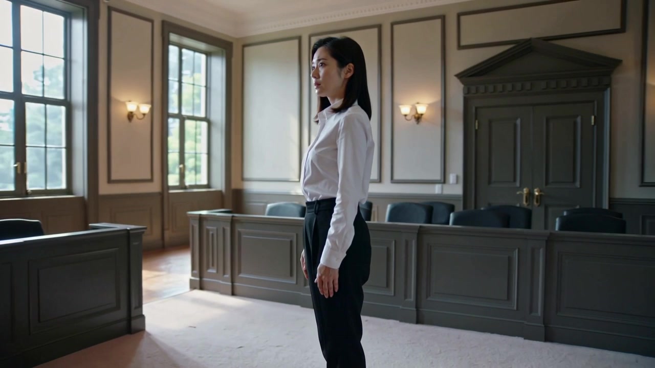 La telecamera si accende, una donna asiatica si gira verso l'obiettivo, osservando un'aula di tribunale con finestre, indossando una camicia bianca.
