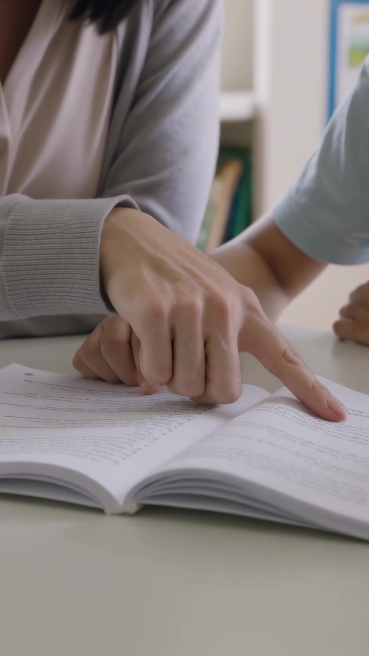 Video verticale: Donna con cardigan che indica e guida un bambino al tavolo, tracciando il testo e insegnando a leggere.