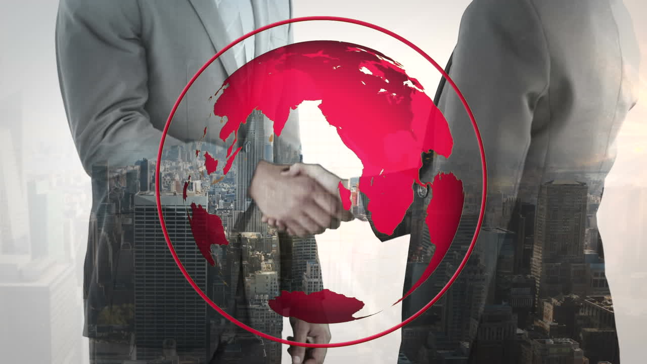 Animation of globe over businessman handshake