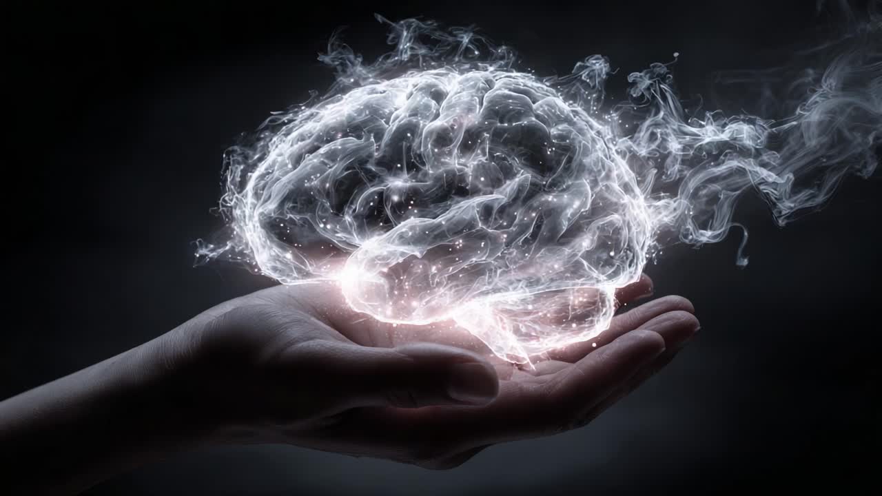 A Stunning Visualization of a Glowing Brain Held in a Hand, Representing the Power of Thought, Creativity, and the Mysteries of the Mind in a Dark Background