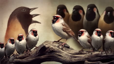 a group of sparrows singing on a branch with a large bird in the background