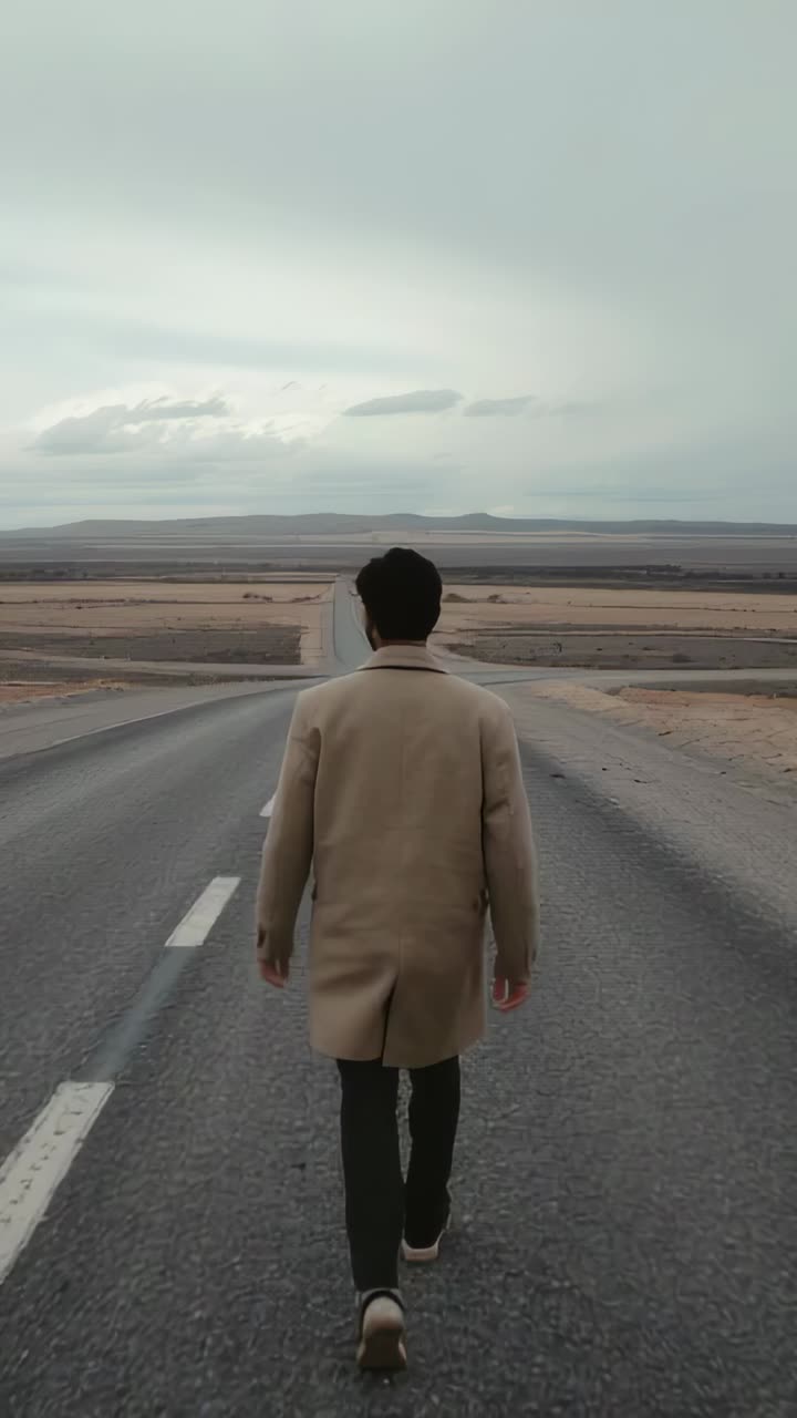 Video vertical: Hombre caminando dando el primer paso hacia el horizonte en una carretera de dos carriles con línea central y abrigo