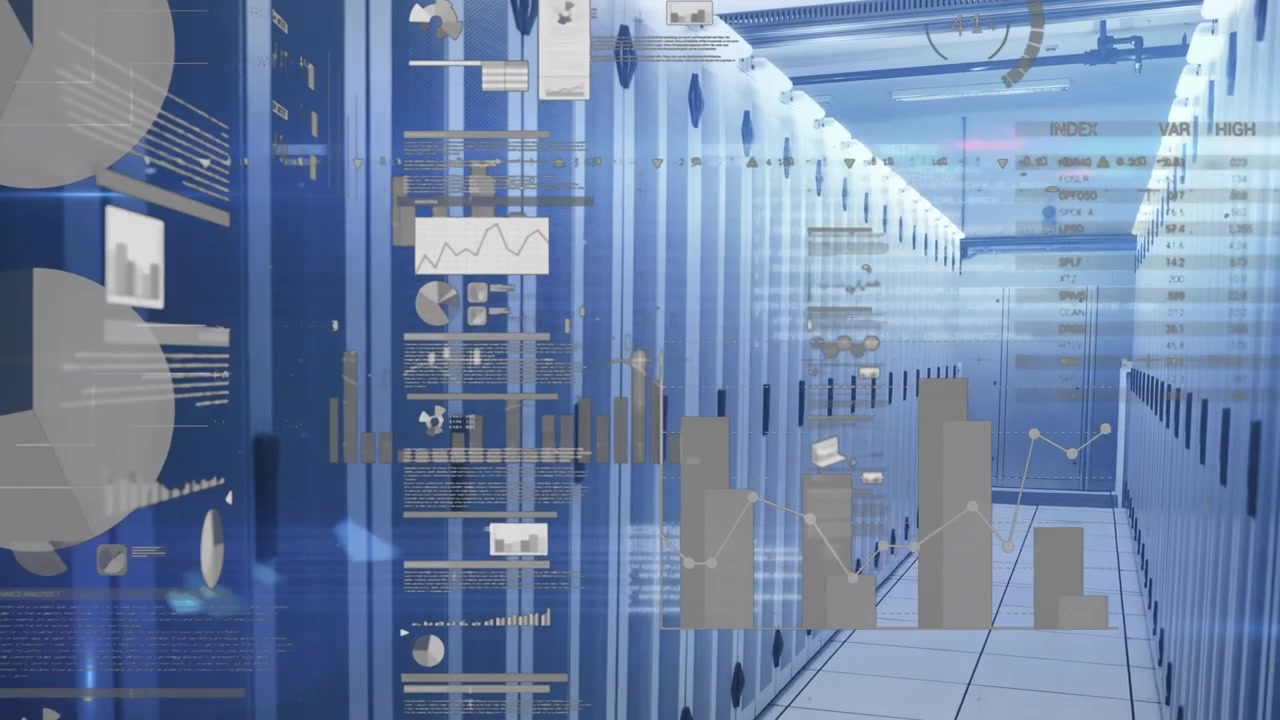 Futuristic Data Center with Digital Information Display