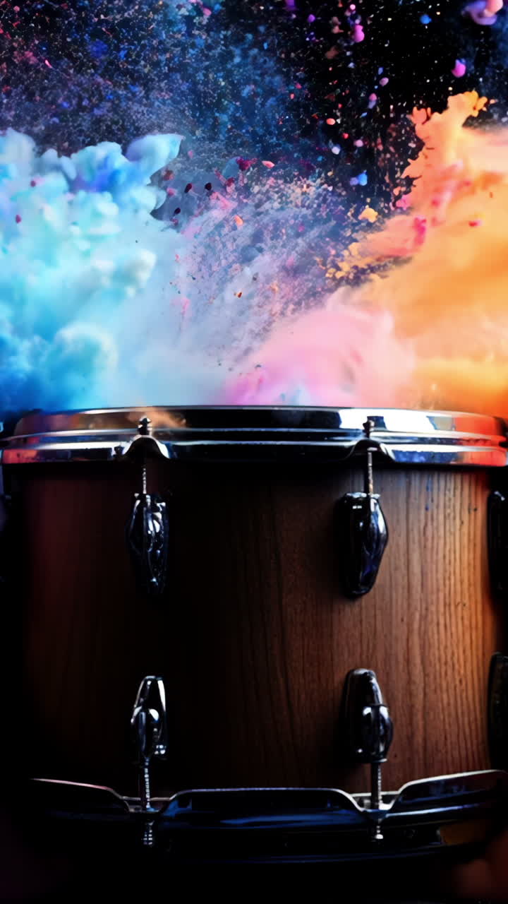 A colorful drum is shown in a photo with a lot of colorful powder. The drum is surrounded by a lot of colorful powder, which gives the impression of a colorful explosion