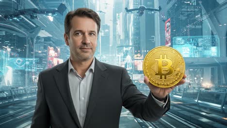 a confident businessman proudly displays a golden bitcoin in a futuristic urban landscape, highlighting the intersection of finance and technology in an innovative world