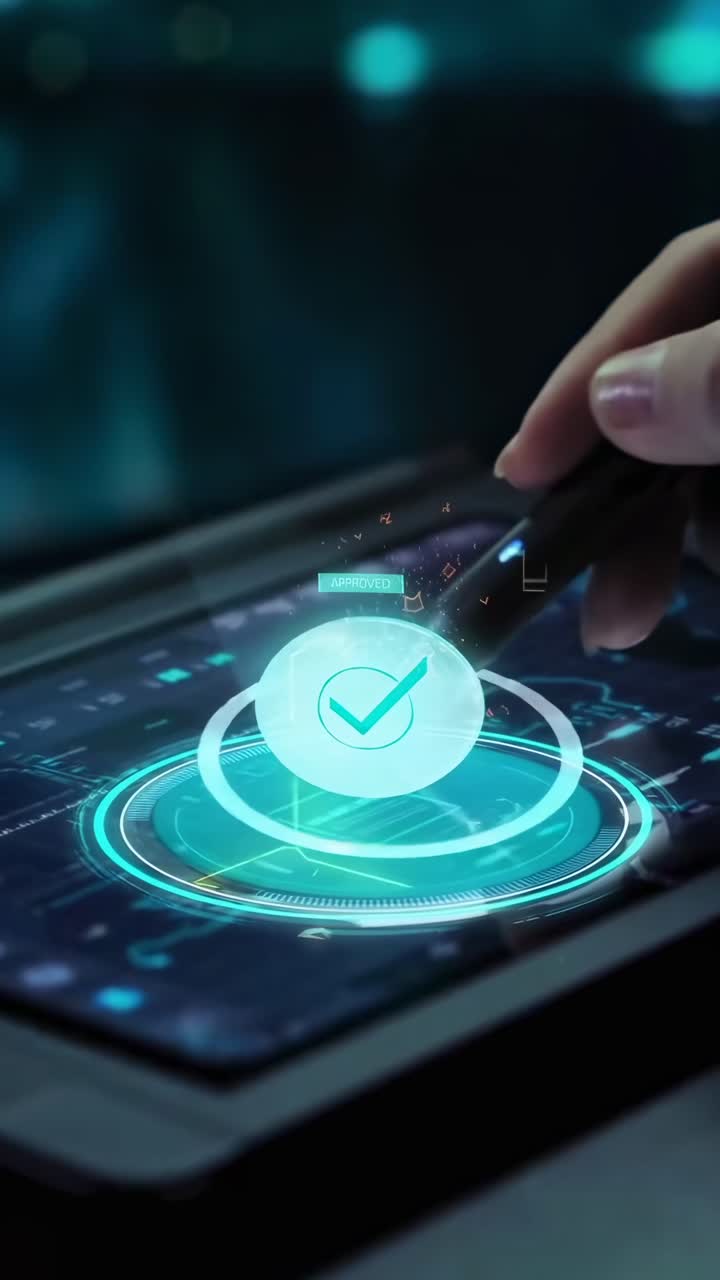Primo piano di uno stilo su un tablet digitale con grafiche futuristiche, ripreso da un'angolazione obliqua, video.