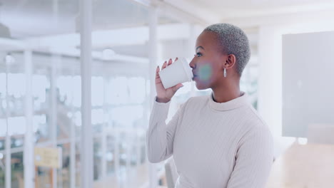 Coffee,-relax-and-black-woman-drink-in-office