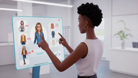 a stylish user interacts with an innovative virtual fashion interface, exploring modern apparel and accessories through touchscreen technology and personalized selection