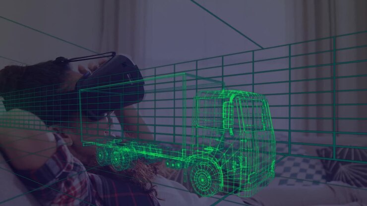 Animazione di disegno tecnico 3D di un camion su donna a casa che indossa un visore VR