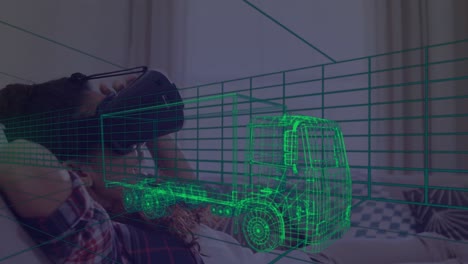 Animation-of-3d-technical-drawing-of-truck,-over-woman-at-home-wearing-vr-headset