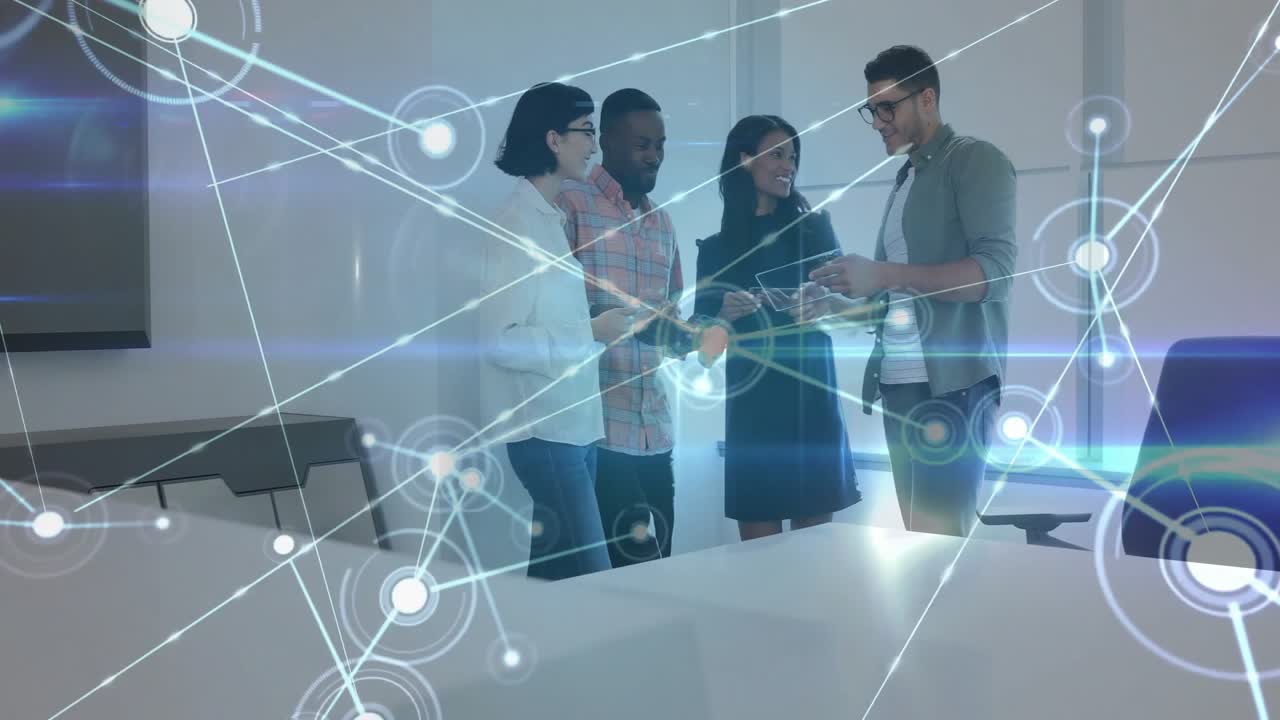 Colleagues viewing phone screen summoning tablet for business, unveiling hologram ending high-five
