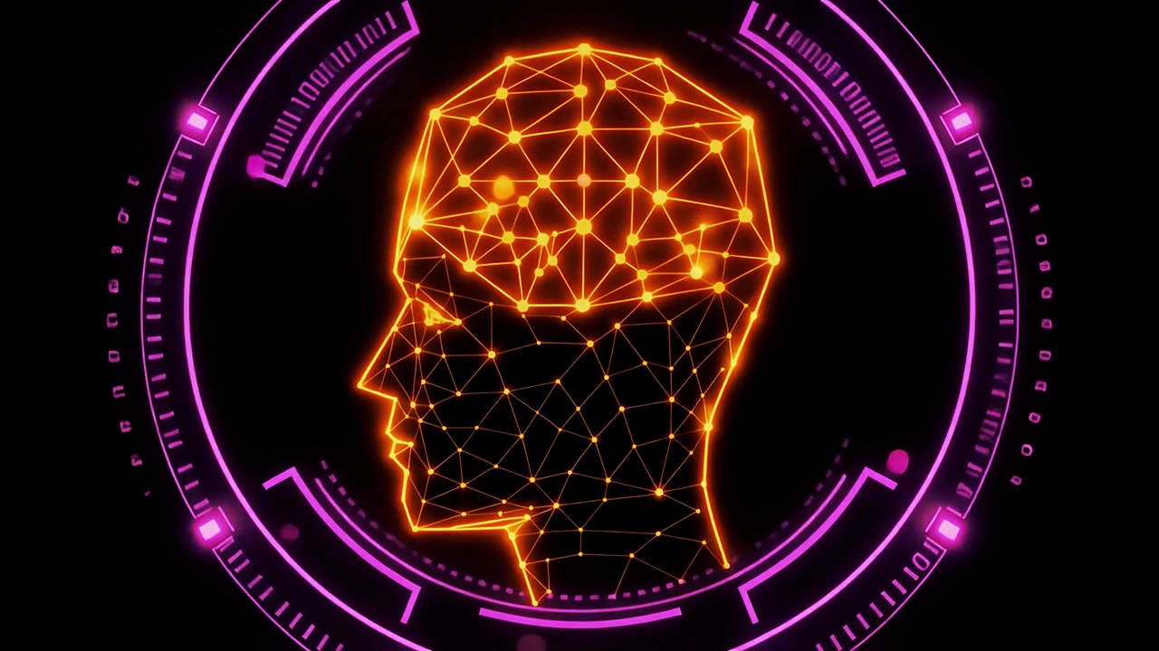 Cervello AI Futuristico con Rete Neurale Luminosa e HUD Digitale