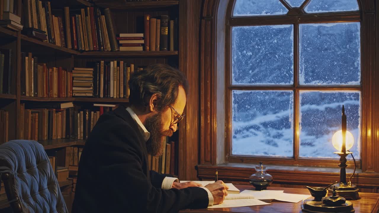 Cozy library scene with a man writing by candlelight, captured from a side angle