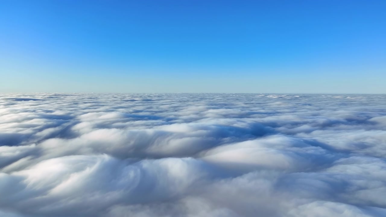 Expansive aerial cloudscape filling lower view with soft stratocumulus formations, gentle rolling textures, layered blue atmosphere, shallow shadowing, and subtle horizon shifts under clear daylight