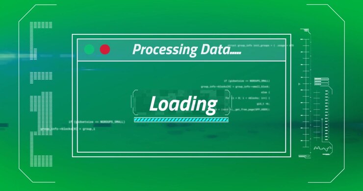 Animation of text processing data and loading, with time bar on blue computer interface